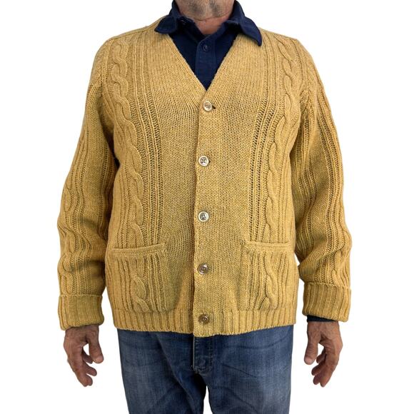 Vintage Alan Paine Shetland Wool Cable Knit Cardigan Camel Tan Winter - Picture 1 of 8